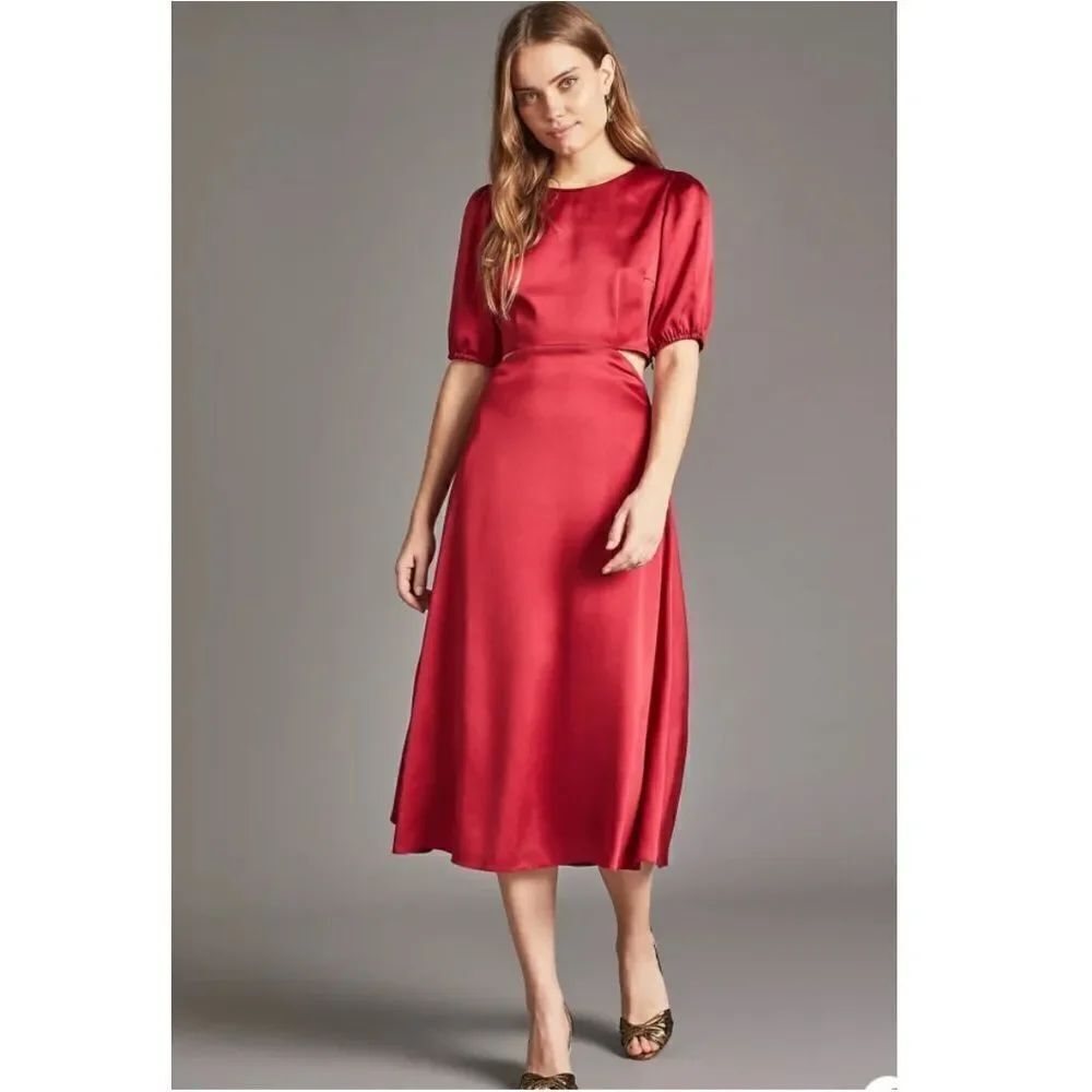 ANTHROPOLOGIE RED SATIN CUT OUT MIDI DRESS